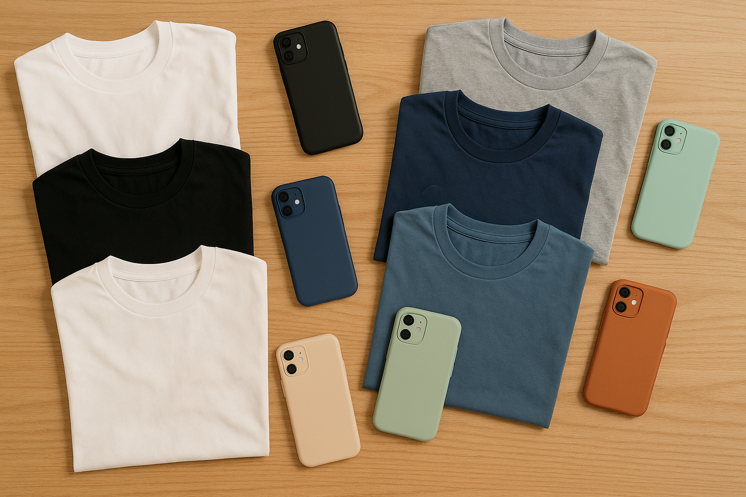 an image of simple stuff to sell as a general store that sells tshirts and phone case so a picture of a table and scatter of simple t shirts and phone case